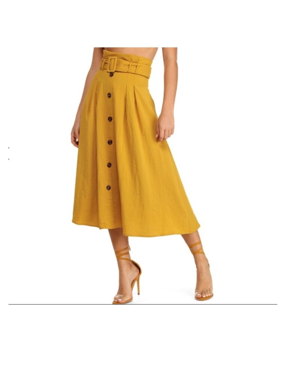 essue Mustard Yellow High-Waist Button-Front Midi Skirt with Belt